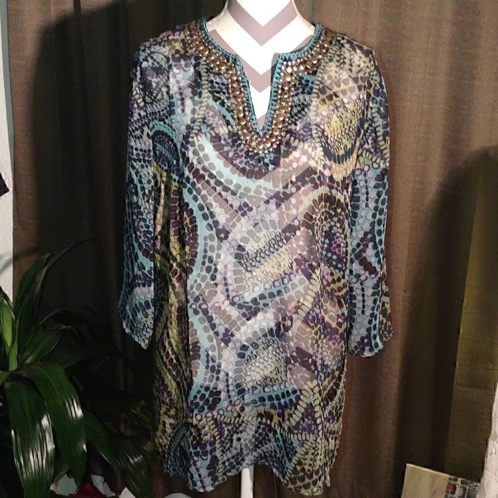 Grace Elements Blu/blk Studded Tunic Blouse